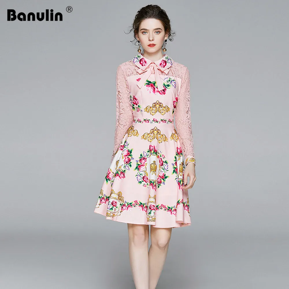 

2020 New Spring Runway Pink Floral Dress Women's Lace Patchwork Long Sleeve Bow Collar Flower Printed A Line Elegant Dress