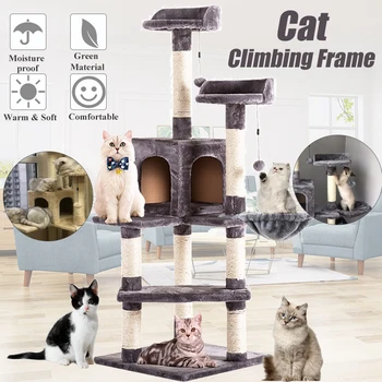 

RU/AU Stock Cat Tree House with Hanging Ball Cat Furniture Scratch Solid Wood for Cats Climbing Frame Cat Condos