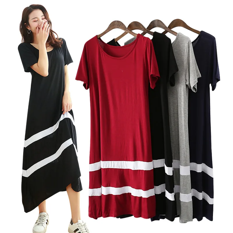 

2019 Spring Summer New Style Modal Short-sleeve Dress Women's Large Size Korean-style Big Skirt pin tiao Dress