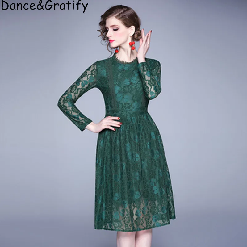 

Lace Dress Party Elegant Long Sleeve High Waist Slim Mid Dresses Women Vintage Good quality Autumn Office Work Sundress