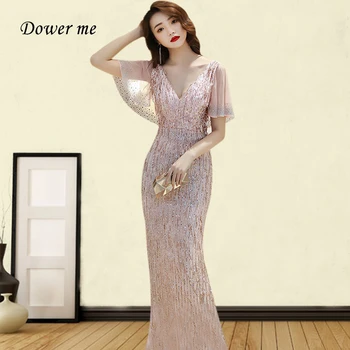 

Mermaid Evening Dress GK029 V-neck Tassel Shining Evening Dresses Sequined Cap Sleeve Robe De Soiree Long Formal Dress 2020