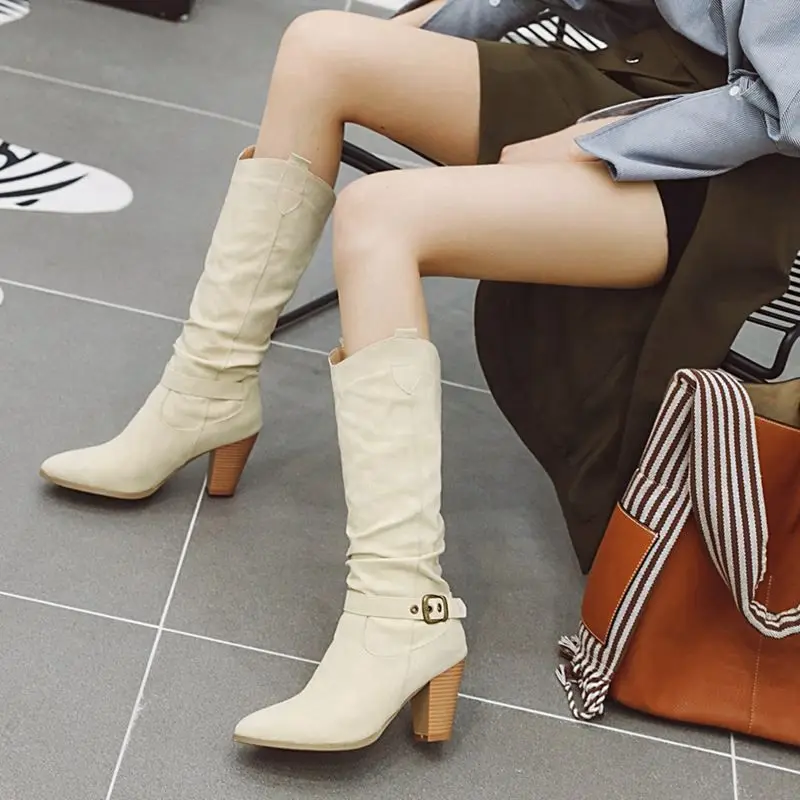 KemeKiss Mid-Calf Boots For Women Fashion Solid Color Thick Heel Shoes Women Buckle Short Boots Casual Mujer Footwear Size 34-47