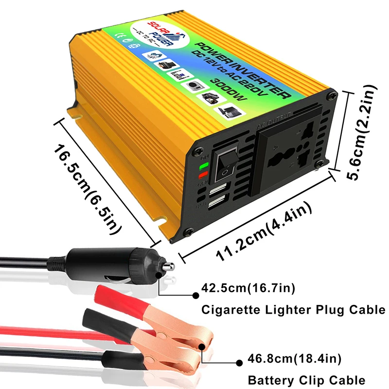 3000 Вт пиковая мощность Автомобильный солнечный инвертор DC12V к AC110V/220 В синусоидальный преобразователь бытовой Кемпинг Открытый