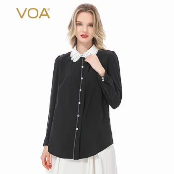 

VOA Silk 16mm Inkiness Crepe-De-Chine Lapel Single-Breasted Arch Pin Craft Yuke Pleated Panel Loose Shirt Women B8123