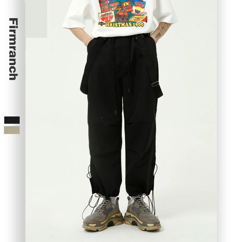 

Firmranch Spring/Summer Men/Women Special Design Loose Legging Casual Bib Pants Khaki/Black Cargo Style Long Suspender Trousers