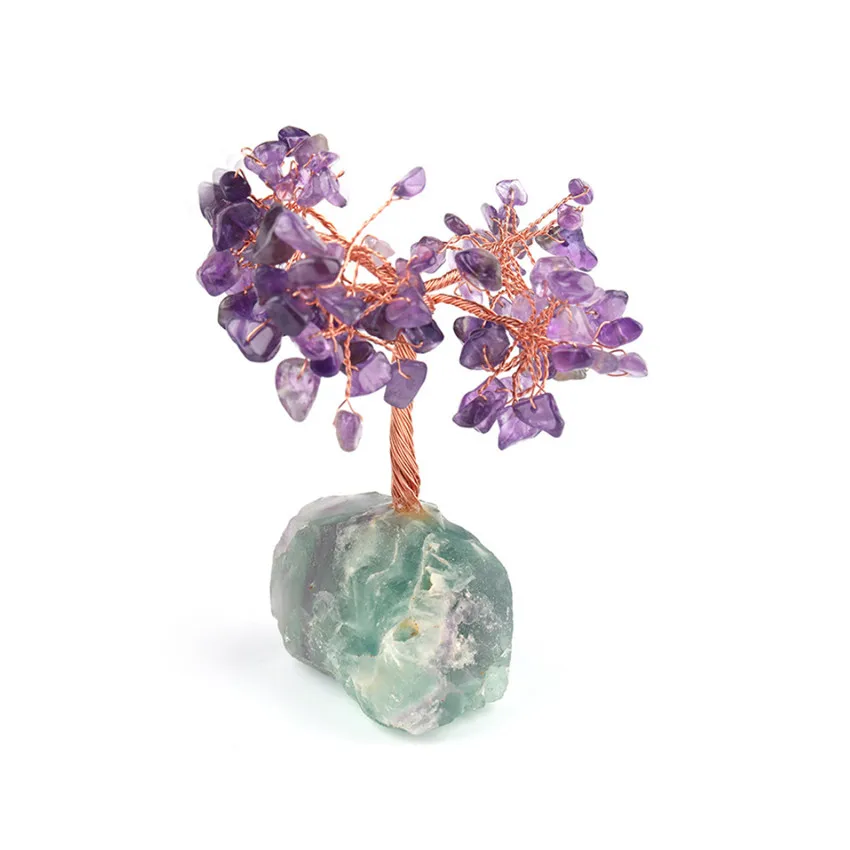 

FYSL Copper Wire Wrap Tree of Life Irregular Shape Amethysts Crystal Pendant Fluorite Stone Plant Jewelry
