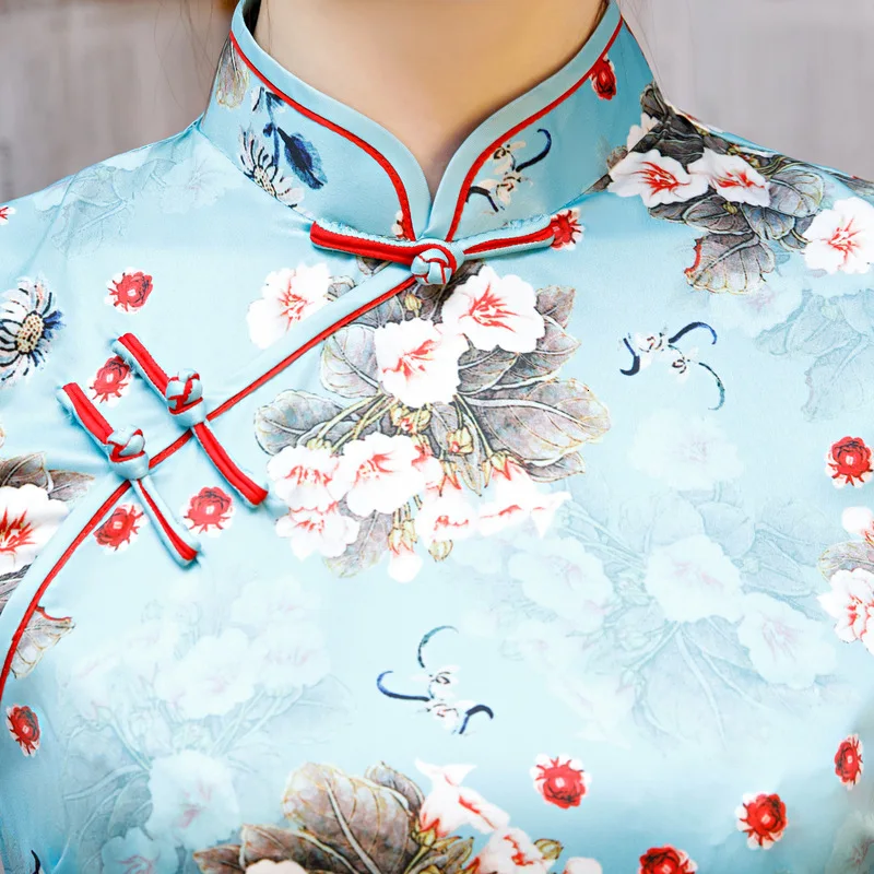 Sheng Coco женское синее шелковое атласное платье Cheongsam короткое платье для отдыха розовое китайское платье до колена с цветочным принтом элегантные платья