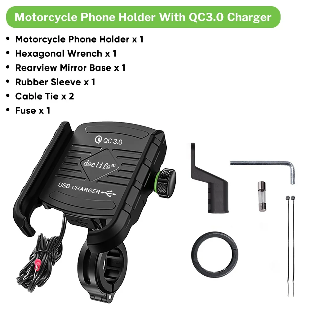 With QC3.0 Charger Deelife держатель для мобильного телефона мотоцикла с USB зарядным устройством QC 3,0 для мотоцикла зеркало gps Подставка Кронштейн держатель для сотового телефона Поддержка - Цвет: With QC3.0 Charger
