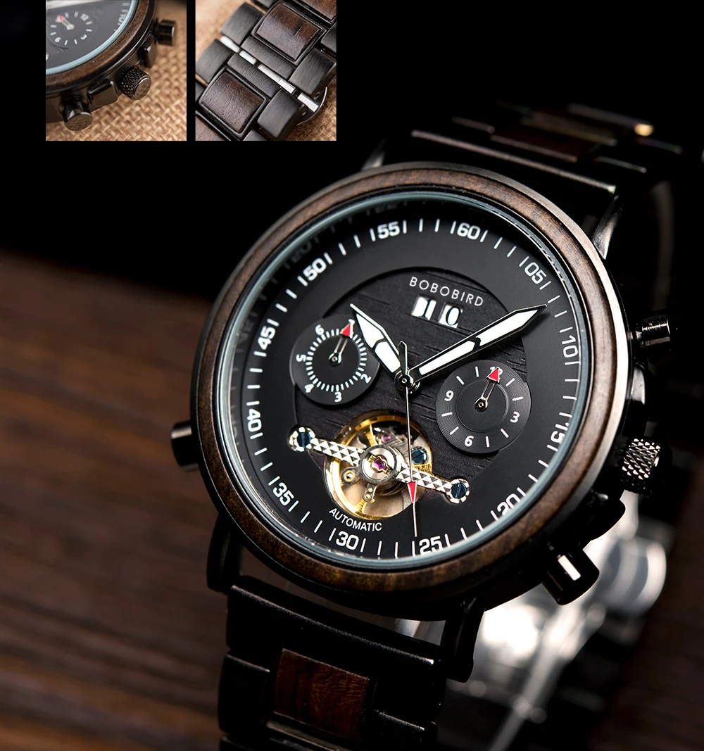 Men Top Watch BOBO BIRD Wooden Automatic Mechanical Wristwatch Luxury Fashion Auto Date Chronograph Luminous Hands relogio Gift