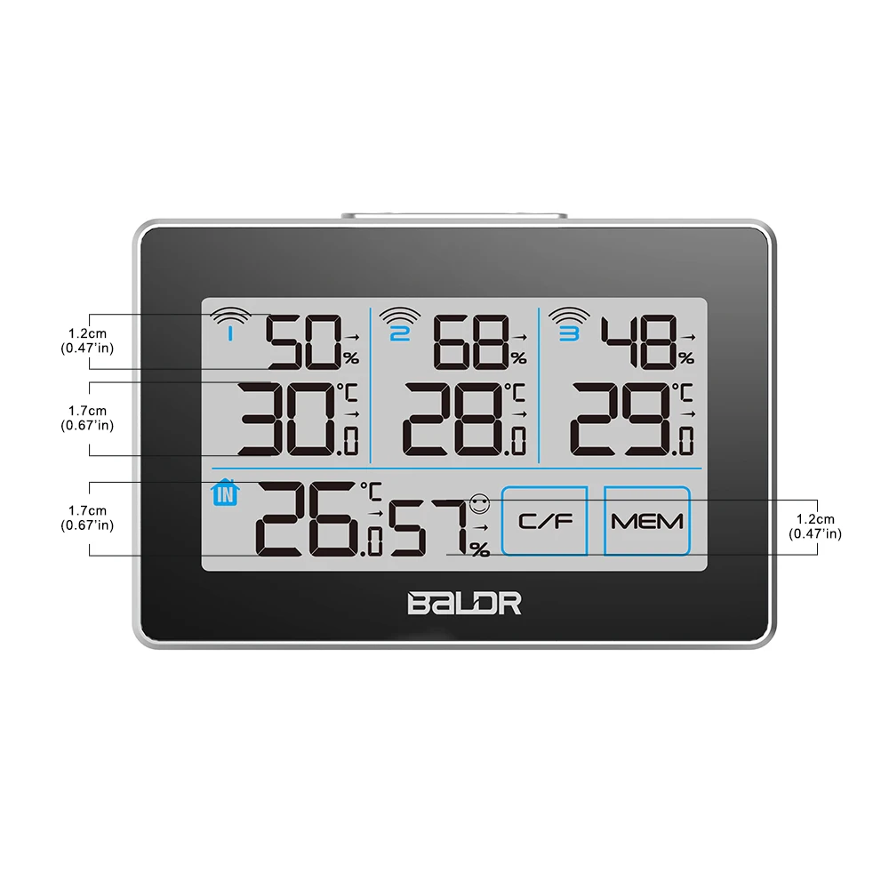 Beste Baldr Cd Thermometer Temperatuur Meter Weerstation Tester + 3 Draadloze Outdoor Zender Vochtigheid Sensor Monitor