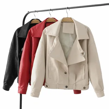 

Autumn Winter Women PU Leather Jacket Casual Faux Basic Leather Jackets Motorcycle Outwear Black Red Biker Coat