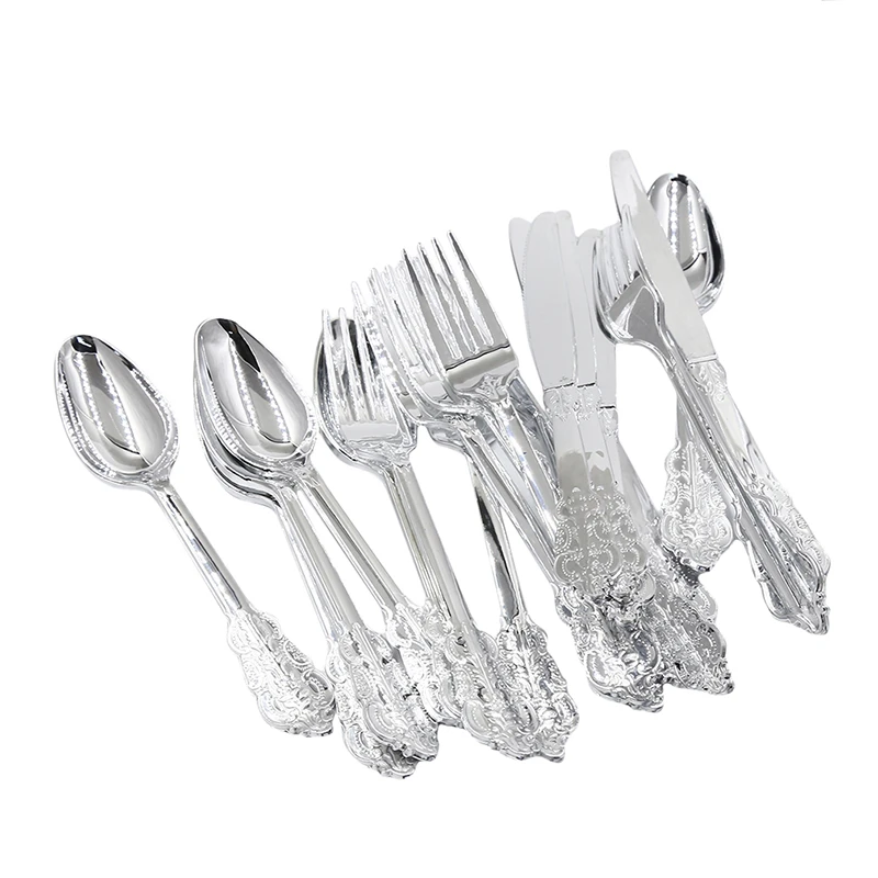 

Disposable Imitation Metal Plastic Gold Silver Carved Embossed Cutlery Western Wedding Party Tableware Set