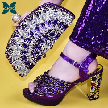 

Purple color Fashion Italian Shoes With Matching Clutch Bag Hot African Big Wedding With High Heel Sandals and Bag Set