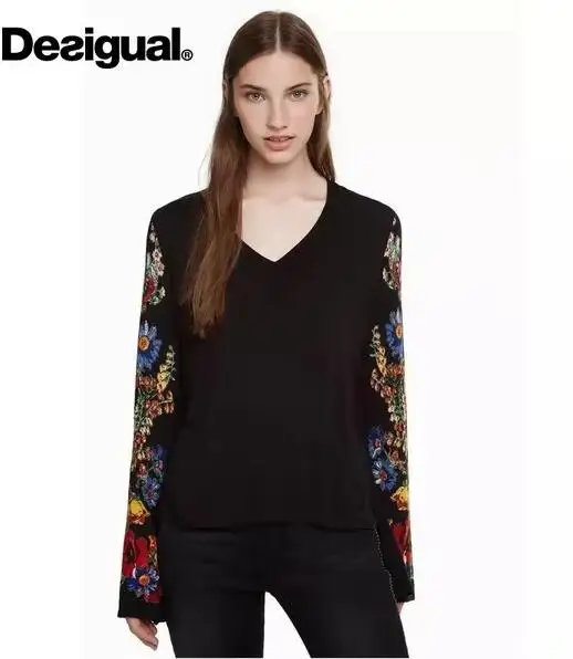 Испания DESIGUAL осень/зима v-образный вырез утягивающий принт вязаный xs-xxl - Цвет: 1