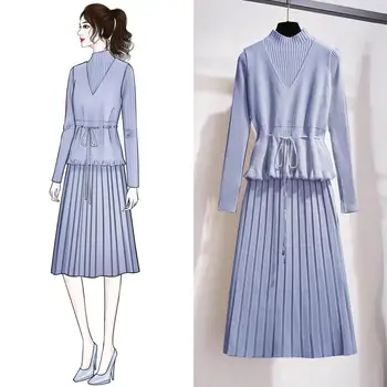 

2019 New Arrival Autumn Winter Casual 2 Pcs Sets Fashion Knitted Long Sleeve Sweater Long Dress+Vest Fashion Two Pieces Suits