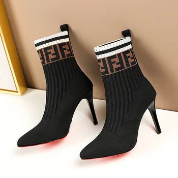 

New Brand Sock Boots Women Fashion 2020 High Heel Shoes Sexy Ankle Booties Black Slip Thin Heels Shoes Woman Ladies Party Boot