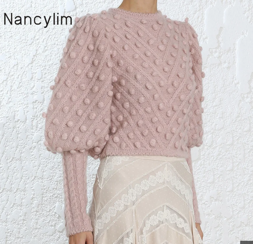 

2019 Autumn and Winter New Fashion Sweet Blue Three-dimensional Ball Round Collar Short Knitting Sweater Women's Jumper Pullover