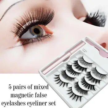 

5 Pairs 3D False Eyelashes Natural Soft Wispy Faux Magnet Set Makeup Lashes Eyelashes Magnetic Fake And 5 Eyeliner Magnetic M0I5