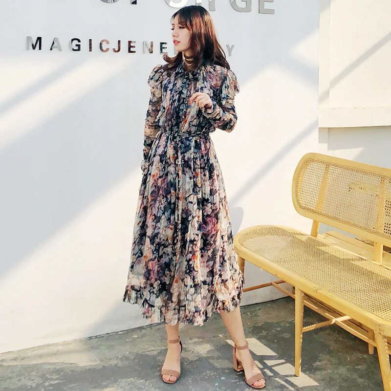 

100% Real Silk Dress Women Two Piece Dress Irregular Printed Lace up Long Sleeves Hem Swing Perspective Fabric Dress New Fashion
