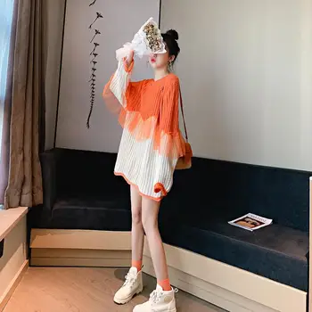 

Stitching Net Yarn Loose Mid-length Sweater Pullover Women Thickened Lazy Wind Sweater Coat Autumn And Winter New