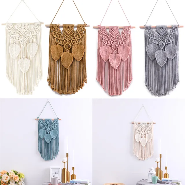 Nordic Style Handwoven Tassel Leaf Macrame Tapestry Boho Cotton Rope Tapestry Wall Hanging Decor Home Kids Room Nursery Decor 1