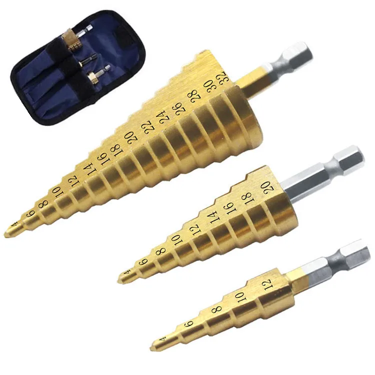 

3pc Hss step drill bit set cone hole cutter Taper metric 1/4 " titanium coated metal hex core tricorn drill bit