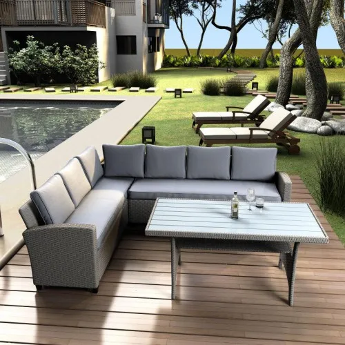 Outdoor Furniture Sectional PE Rattan Wicker Patio Set With Faux Wood Grain Top Table And Cushions Modern Design Garden Sets Outdoor Furniture Sectional PE Rattan Wicker Patio Set With Faux Wood Grain Top Table And Cushions Modern Design Garden Sets
