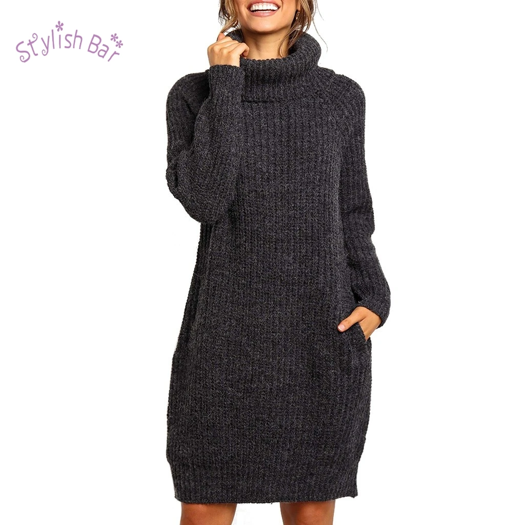 

Stylish Bar Women Knitted Sweater Dress High Collar Long Sleeve Turtleneck Pullover Knit Loose Sweater Tops Autumn Winter 2019