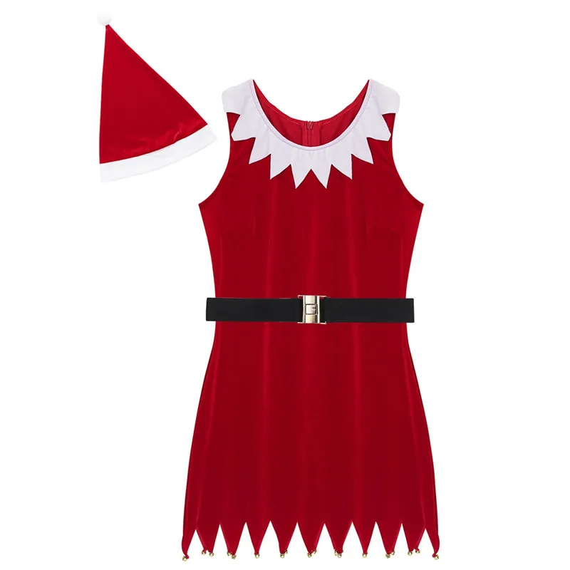 3 шт., Женский карнавальный костюм Санты, рождественское нарядное платье, наряд для вечеринки, круглый вырез, без рукавов, колокольчик, мини-платье со шляпой и поясом