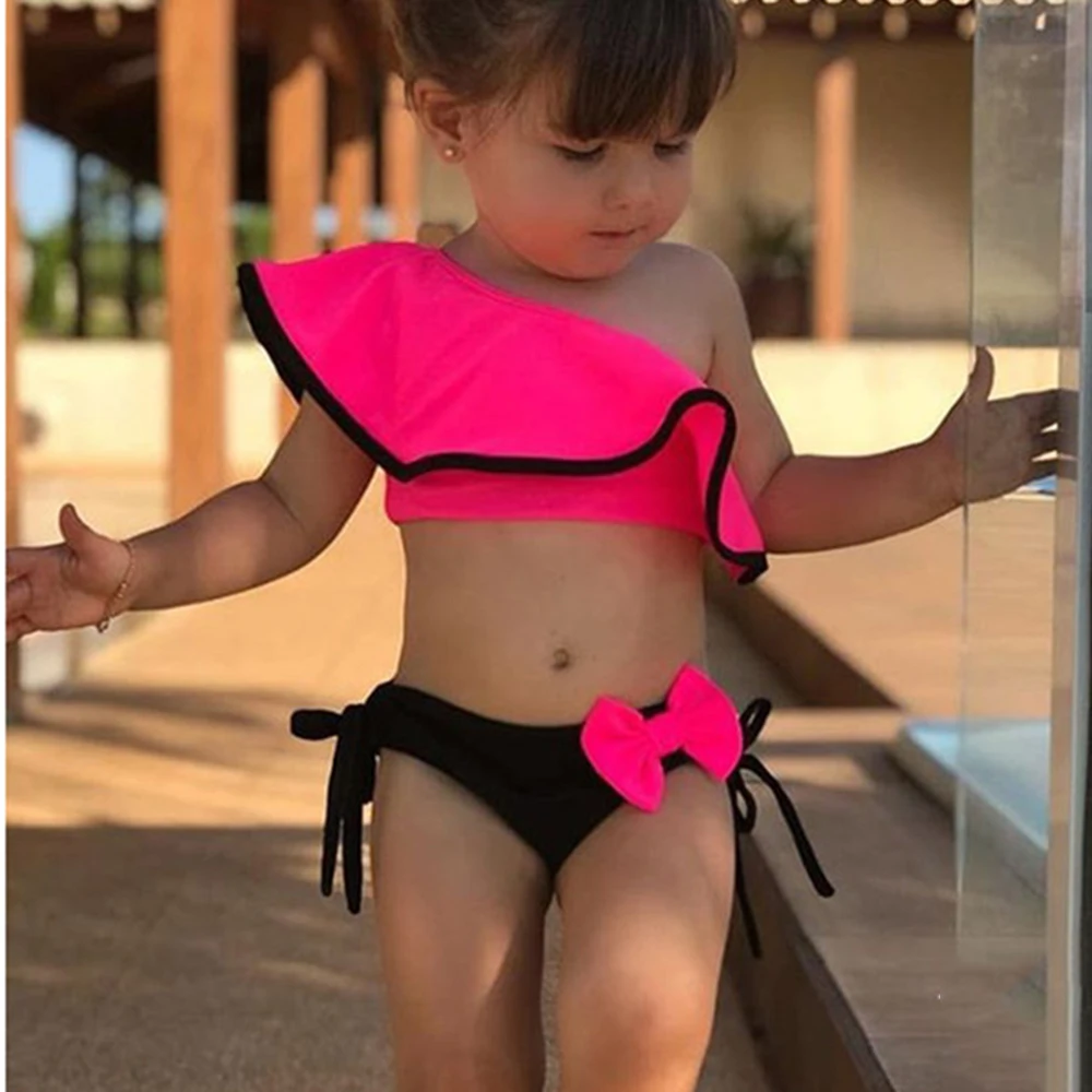 Summer Baby Kids Girl Two Piece Swimsuit Child Swimwear Ruffles Bow Water Sports Bikini Shoulder Beach Bathing