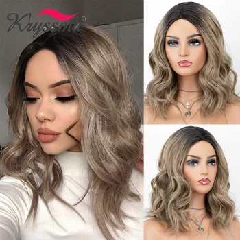 

Kryssma Ombre Brown Wigs For Women Synthetic Wigs Short Bob Wigs Short Wavy Cosplay Wig Mixed Black With Middle Part