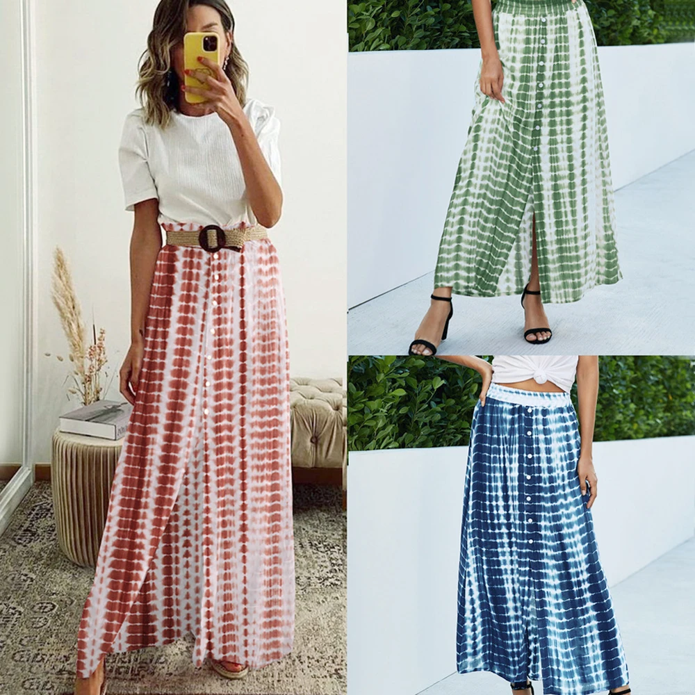 

Summer Tie Dye Midi Skirt Women Print A Line High Waist Boho Skirt Elegant Casual Beach Faldas Party Elastic Waist Holiday Skirt