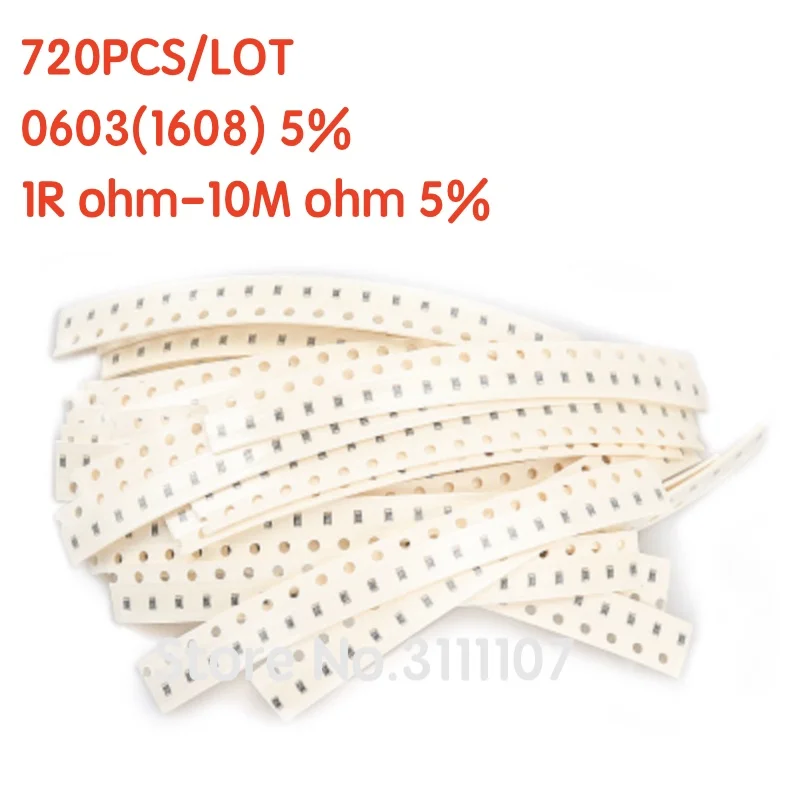 Набор резисторов 720 шт./лот 0603 SMD разные комплекты 1R ohm-10M ohm 5% 1608 1R-10M 36valuesx20 шт. =