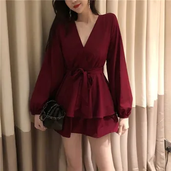 

Fashion Women V Neck Long Sleeve Ruffles Sexy Rompers Female Solid Lace Up Jumpsuits Lantern Sleeve Pleated Playsuits