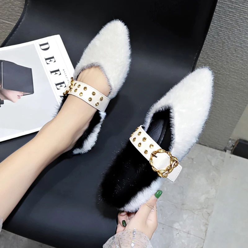 

Shoes Woman 2019 Dress Flats Women Elegant Buckle Strap Modis Loafers Fur All-Match Pointed Toe Autumn Casual Female Sneakers