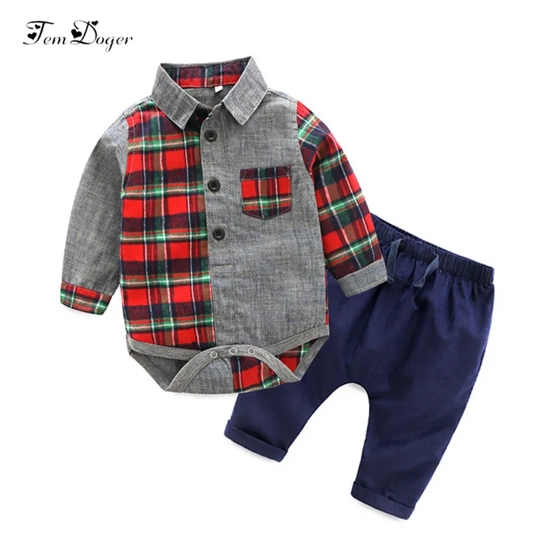 Весенний комплект одежды для маленьких мальчиков комплекты повседневной одежды для новорожденных комбинезон в клетку с длинными рукавами+ штаны, 2 предмета, Одежда для новорожденных, костюмы