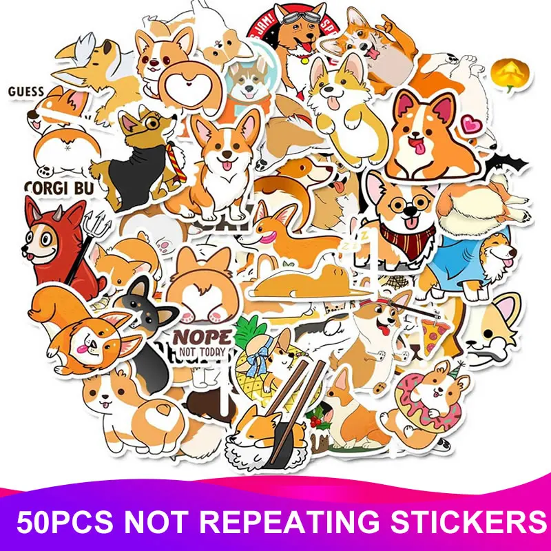 50pcs/Pack Waterproof PVC Animals Dogs Corgis Stickers Skateboard Suitcase Graffiti Bicycle Water Bottle Stickers Kids Toys