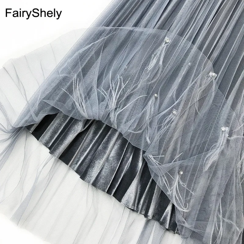 FairyShely, бархатная плиссированная длинная юбка с бисером, Женская осенне-зимняя эластичная юбка средней длины из розового тюля с высокой талией, модная одежда