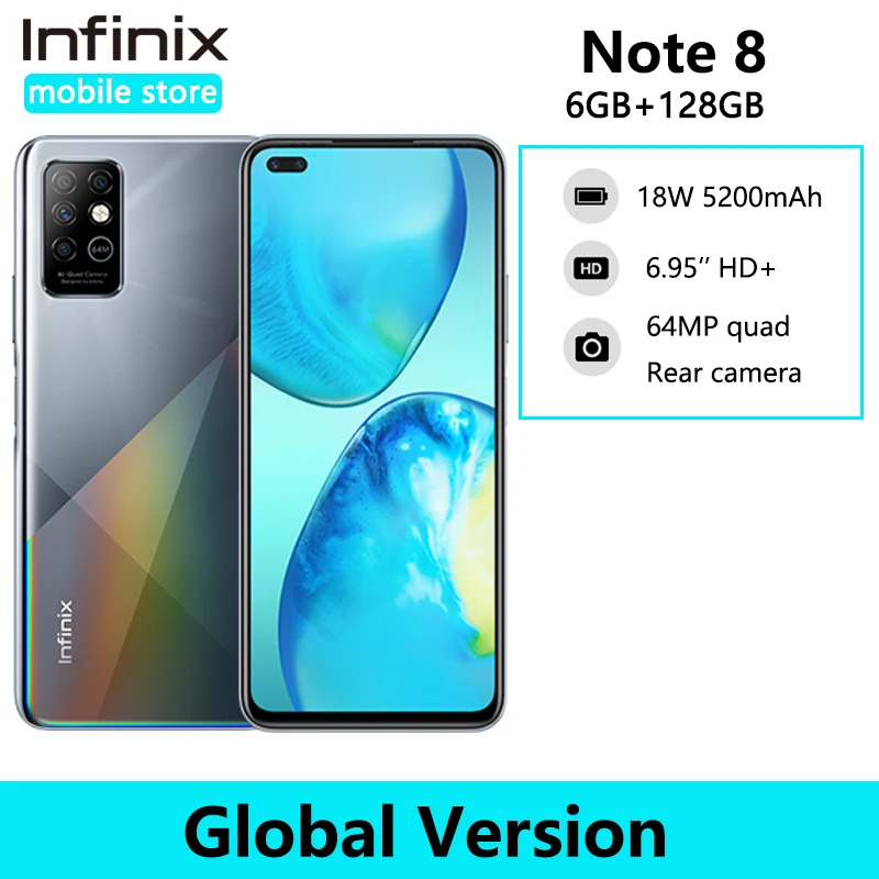 Infinix-teléfono móvil Note 8, 6GB, 128GB, versión Global, pantalla HD de 6,95 pulgadas, batería de 5200mAh, helicoo G80, ocho núcleos, carga rápida de 18W