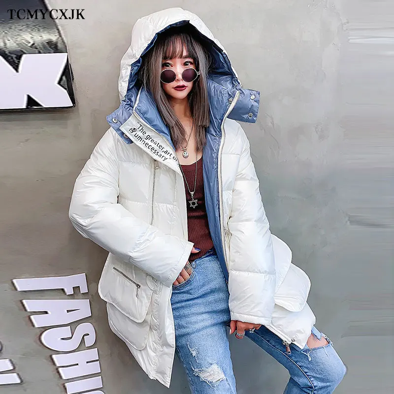 

Winter New Cotton Coats Womenâ€™s Korean Letter Color Matching Hooded Parka Cotton Jacket Loose Waist Thick Warm Bread Jackets ins