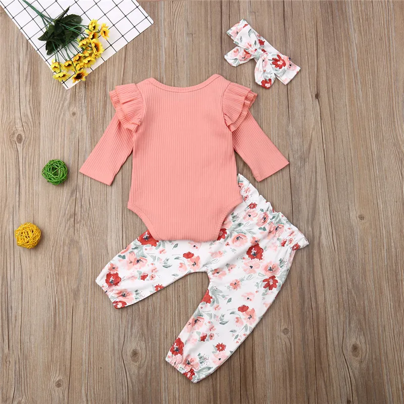 

0-18M 3pcs Baby Girls Clothing Set Pink Long Sleeve Baby Rompers Floral Print Long Pants Girls Outfits Toddler Suit Newborn Set