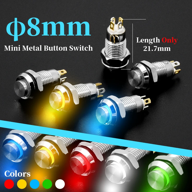 1Pcs 8mm with LED Indicator Self-reset Momentary Self-locking Latching Metal Push Button Switch 4pins High Head 3v5v12v24v220v afbeelding