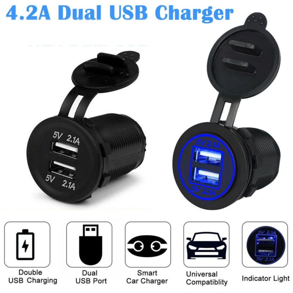 Автомобильный, мотоциклетный, светодиодный, 2.1A, двойной USB порт, зарядное устройство, адаптер питания, розетка 12 В, 24 В, прикуриватель, водонепроницаемый