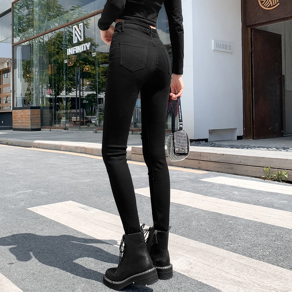 Calça jeans feminina moderna confortável com buracos reto cintura alta  solta e fina calça jeans alta para mulheres