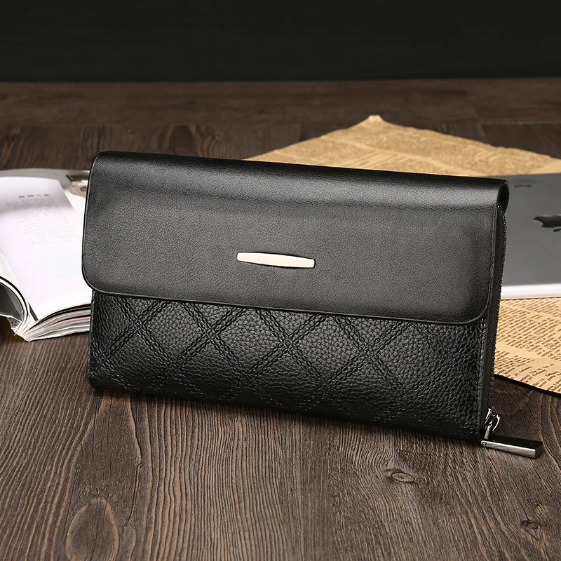 

Genuine Leather Men Clutch Bag Casual Rhombus Wallet Long Handbag Men's Cowhide Large Capacity Clutch Bag