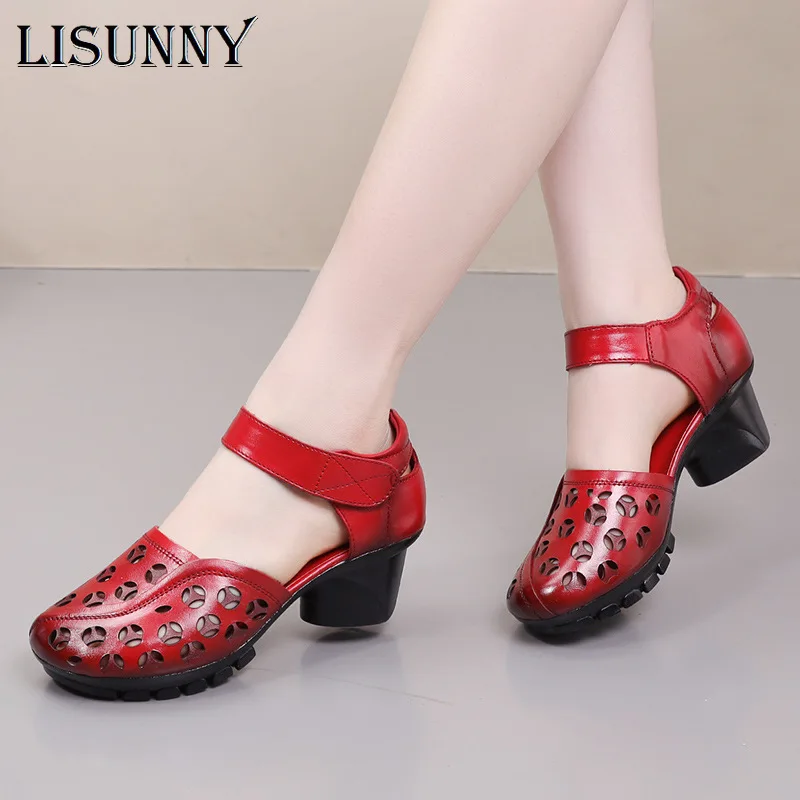 LISUNNY 2020 New Genuine Leather Women Sandals with Chunky-Heel Shoes Solid Color Retro Mother's Ladies | Обувь