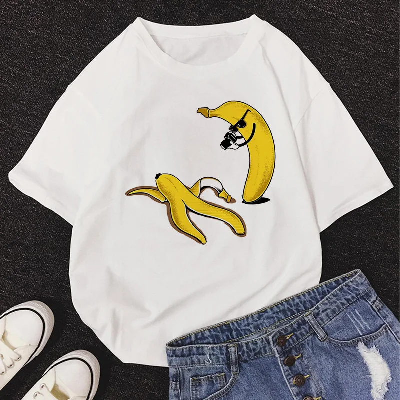 2020 New Summer DOLCE & BANANA Print T-Shirt Women O-Neck Short Sleeve Cute Cartoon T Shirt For Girls Students Lady Tops Tshirt