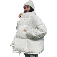 Корейский стиль, зимняя куртка для женщин, воротник-стойка, однотонный, черный, белый, женский пуховик, свободный, негабаритных размеров, женские короткие куртки для беременных