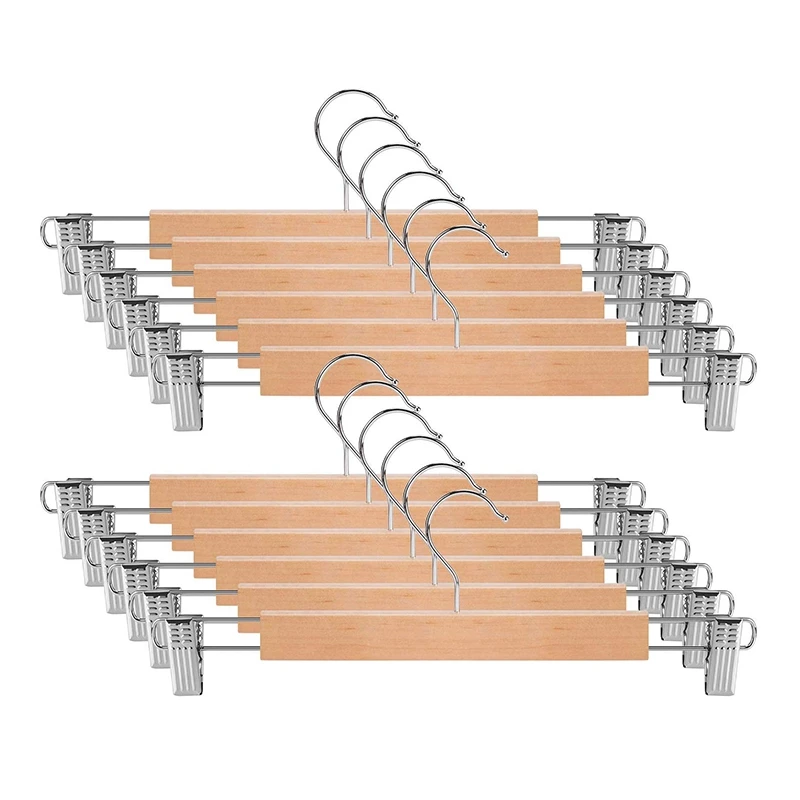 

12 Pack Pants Hanger Wooden Pants Hanger with Clip Dress Skirt Non-Slip Hanger Strap Rotating Hook Natural Surface