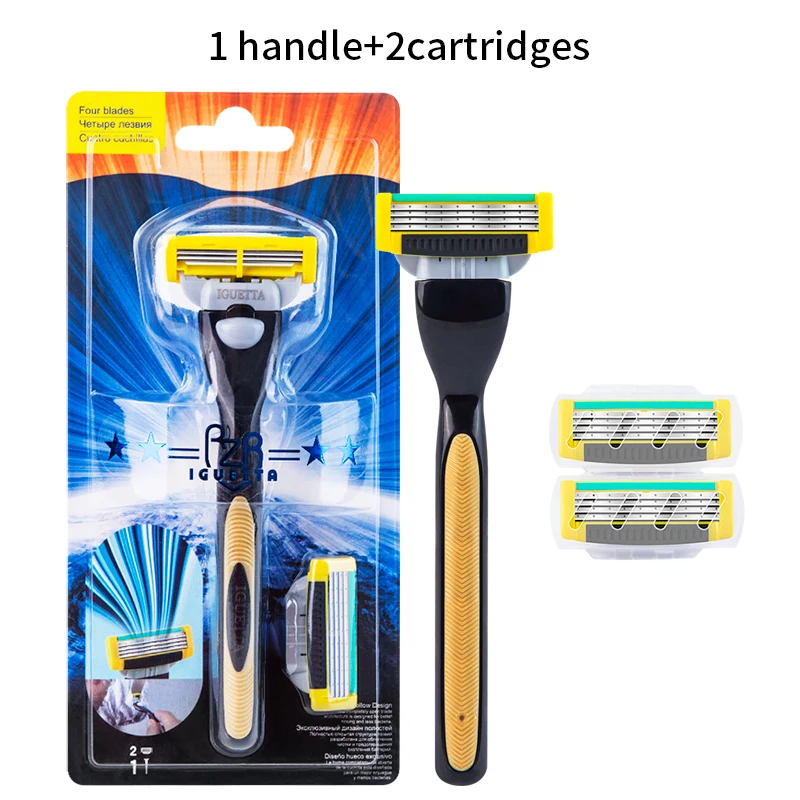 1 Handle 2 Blades RZRIGUETTA новая бритва Для мужчин качество Сталь лезвие 4 Слои патрона лезвия бритвы головка для бритвенного станка с вырезами и легко чистить - Цвет: 1 Handle 2 Blades